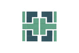 Abstract geometric tile pattern in mint green and dark teal blocks arranged in symmetrical grid layout.
