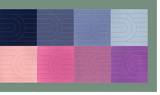 Color palette swatch showing eight gradient squares with rounded rectangular line patterns in navy, blue, pink, and purple to