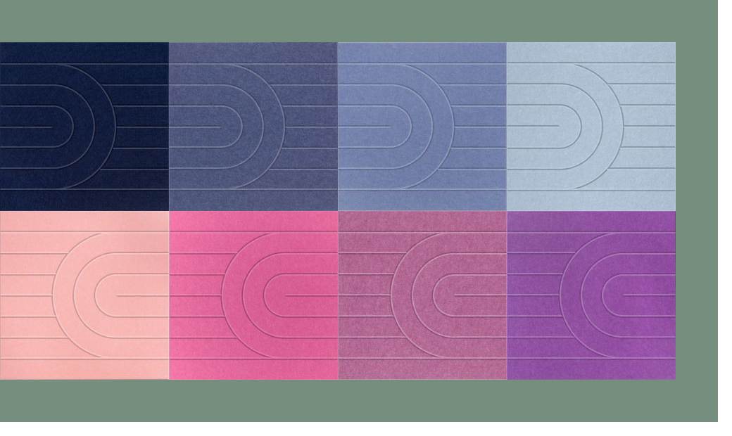 Color palette swatch showing eight gradient squares with rounded rectangular line patterns in navy, blue, pink, and purple to