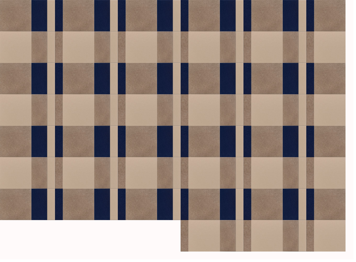 Geometric plaid pattern in navy blue and tan stripes on neutral background.