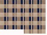 Geometric plaid pattern in navy blue and tan stripes on neutral background.