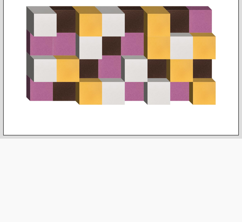 3D geometric cube pattern in pink, yellow, brown, and white blocks arranged in a checkered design.