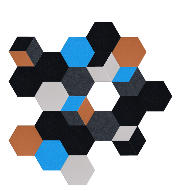 Hexagonal tiles in black, blue, gray, white, and tan arranged in a geometric pattern.