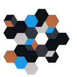 Hexagonal tiles in black, blue, gray, white, and tan arranged in a geometric pattern.