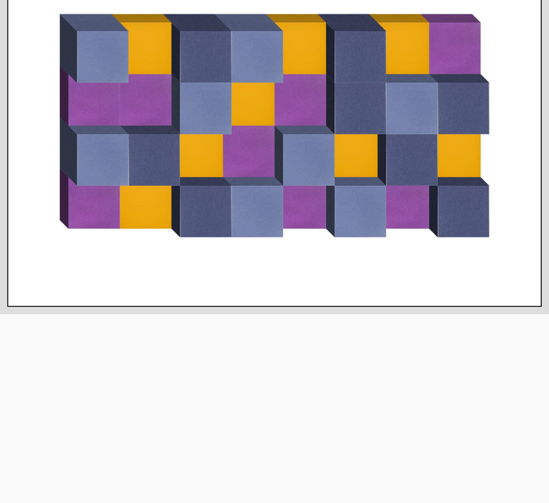 3D geometric arrangement of purple, yellow, blue, and navy interlocking cubic blocks.