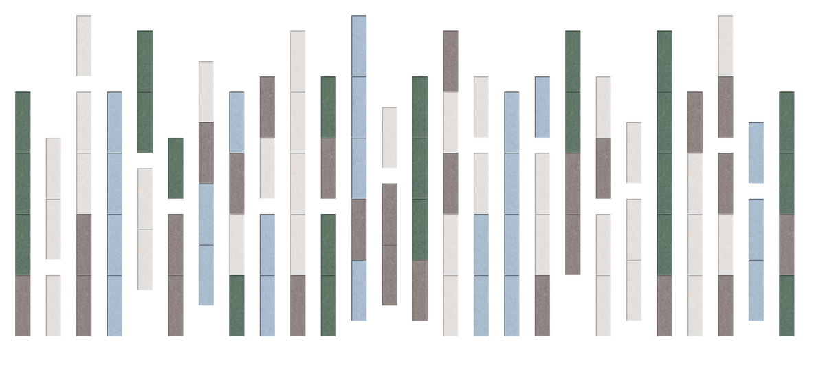 Abstract vertical striped pattern in green, blue, taupe, and cream colored segments of varying heights.