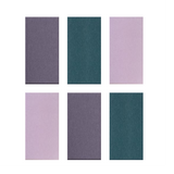 Six fabric color swatches in gray, teal, and mauve arranged in a two-by-three grid.