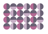 Geometric pattern of 24 circles in mauve, pink, and gray tones, each divided into two or four colored sections.