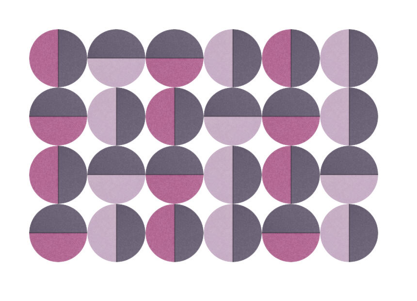 Geometric pattern of 24 circles in mauve, pink, and gray tones, each divided into two or four colored sections.
