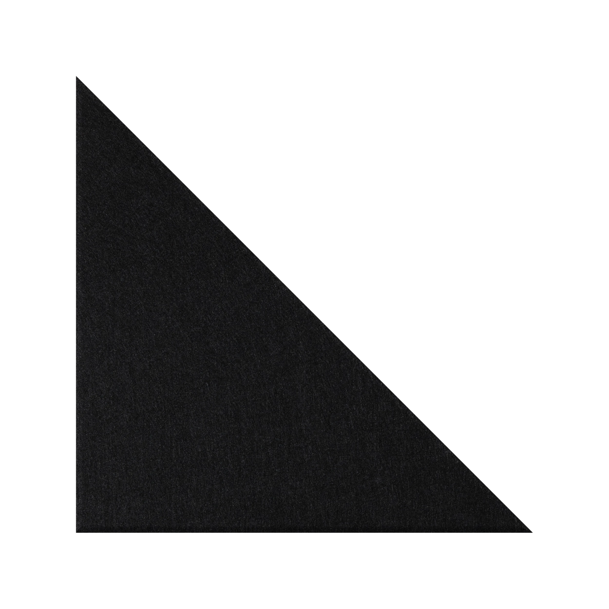 A solid black triangular shape with a textured surface, positioned in the lower-left corner of a plain white background.