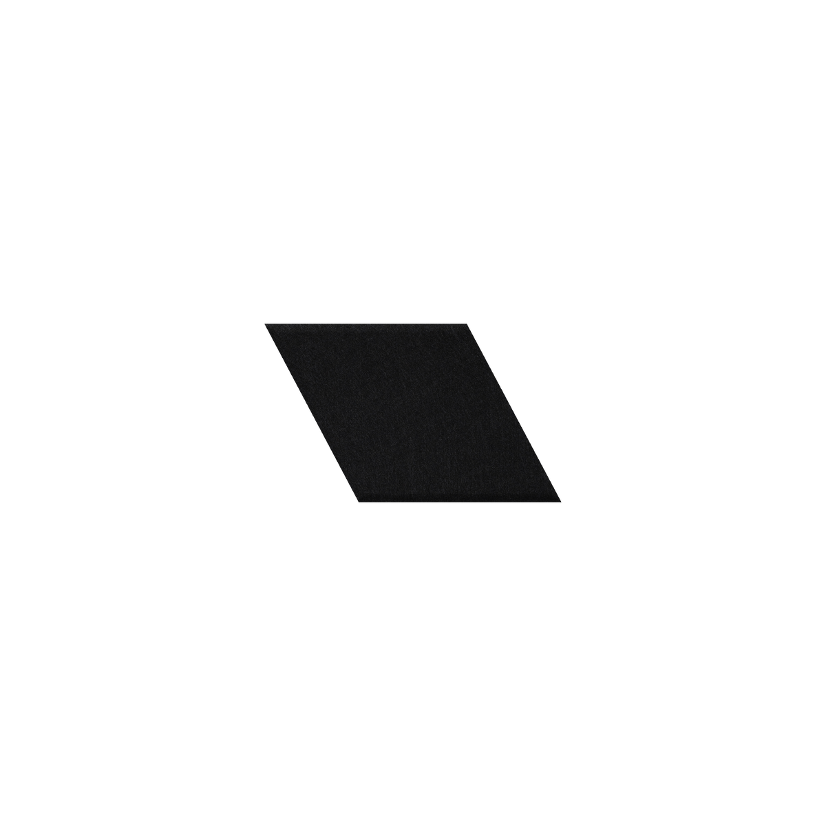 A solid black parallelogram-shaped felt or fabric swatch centered on a plain white background.