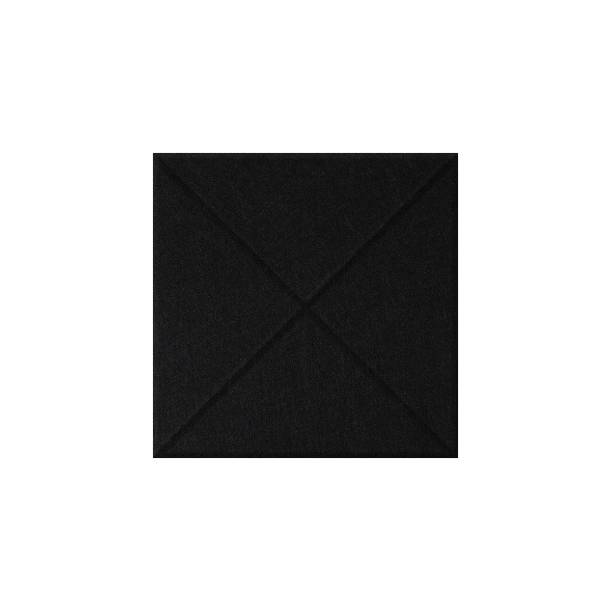 A square black textured material sample centered on a plain white background, with a subtle stitched X pattern crossing the center.