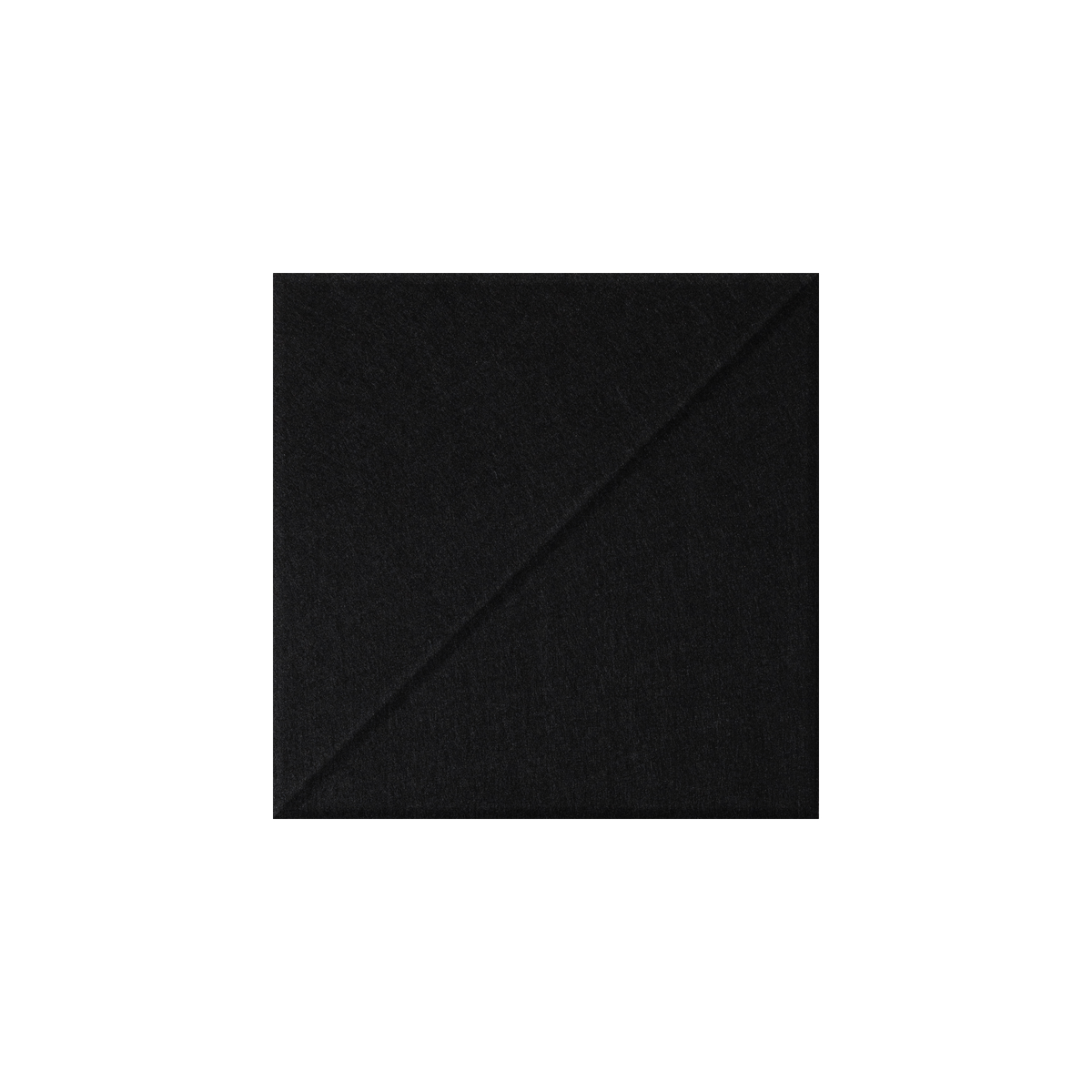 A square black fabric or felt sample centered on a plain white background, with a diagonal seam running from corner to corner.