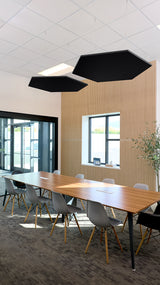 Two black hexagonal acoustic baffles suspended from ceiling above wooden conference table in modern office space.