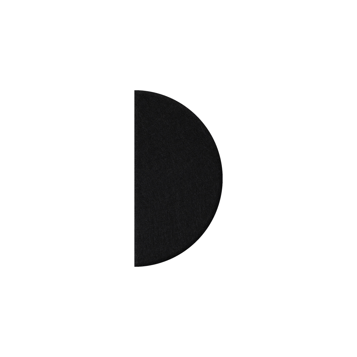 A minimalist black semicircle or half-moon shape centered on a plain white background.