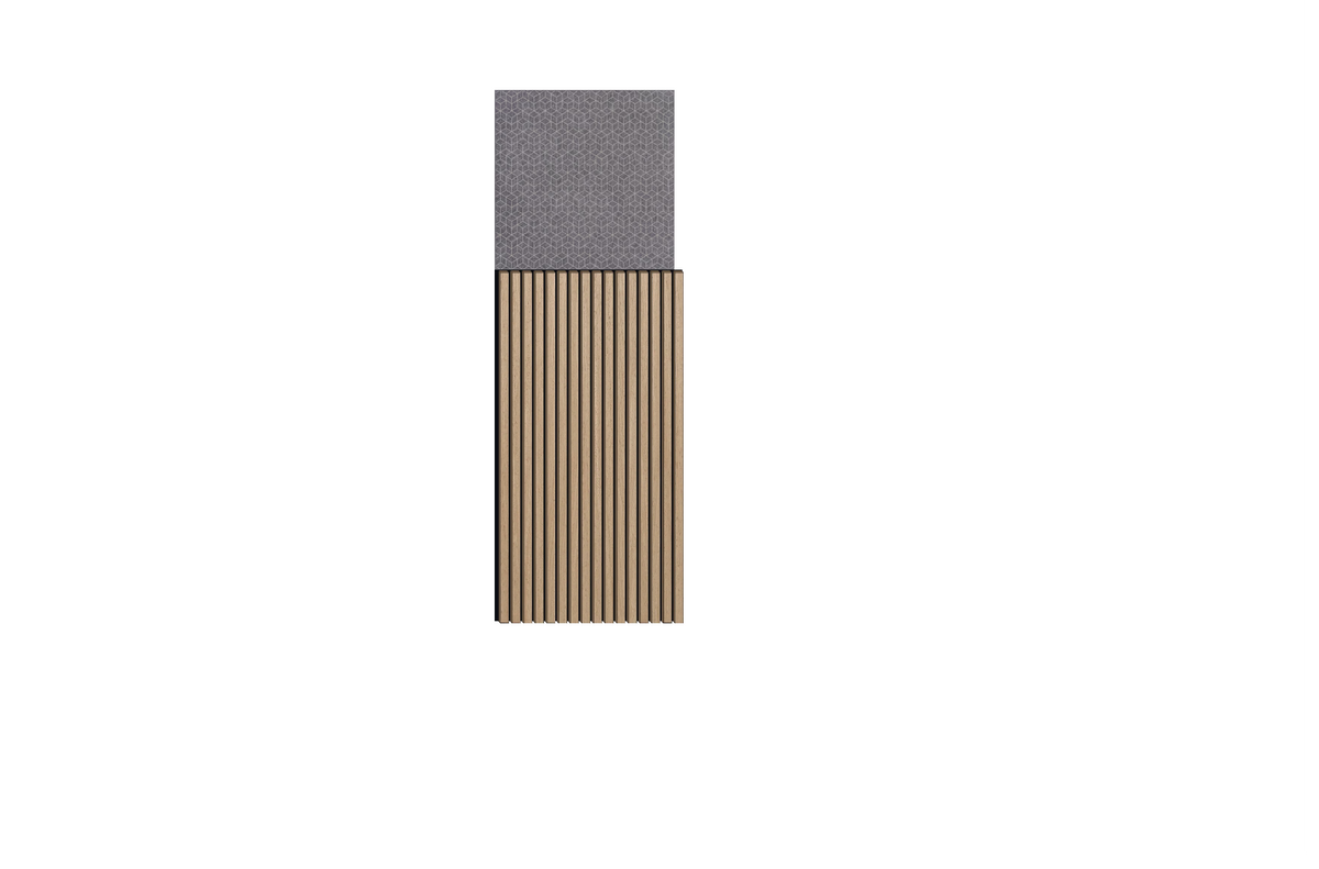 Gray geo-printed wallpaper panel above tan and brown vertical wood slat wainscoting section.