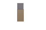 Gray geo-printed wallpaper panel above tan and brown vertical wood slat wainscoting section.