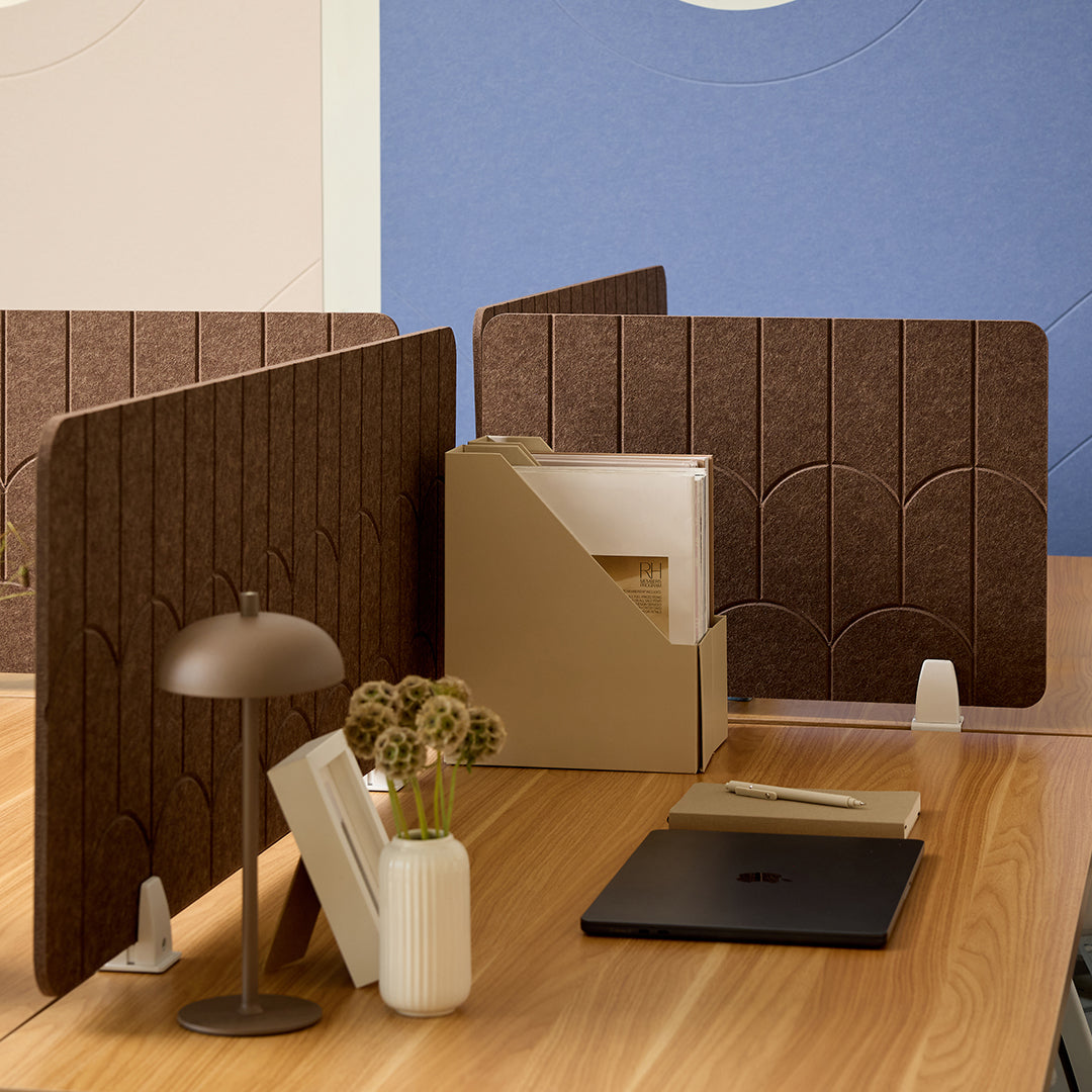Brown Art Deco styled desk dividers in modern office