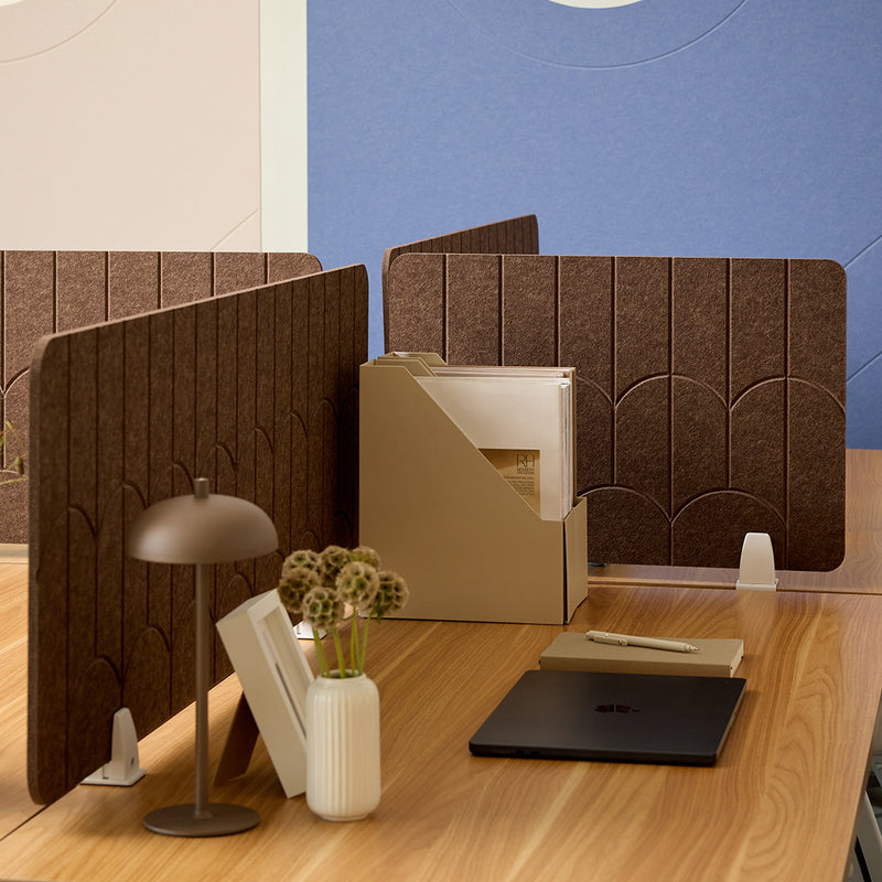 Brown Art Deco styled desk dividers in modern office