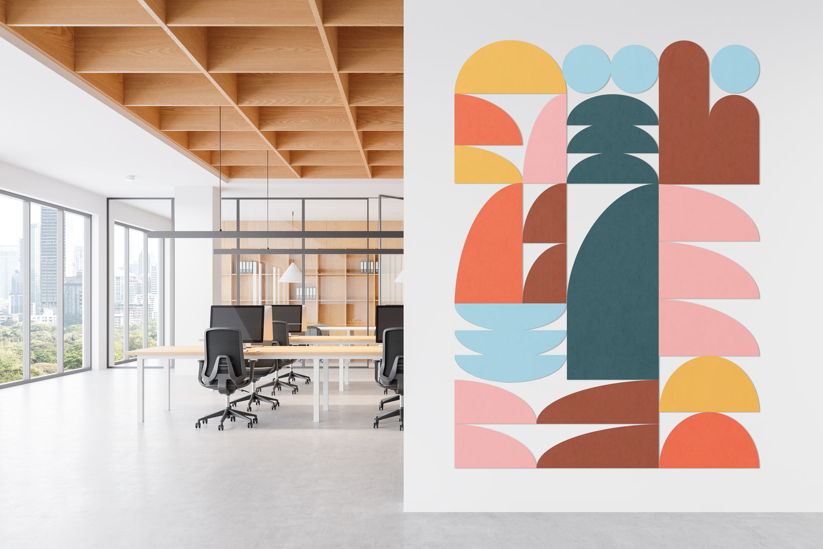elizabeth olwen mural, multi colored in a contemporary office space