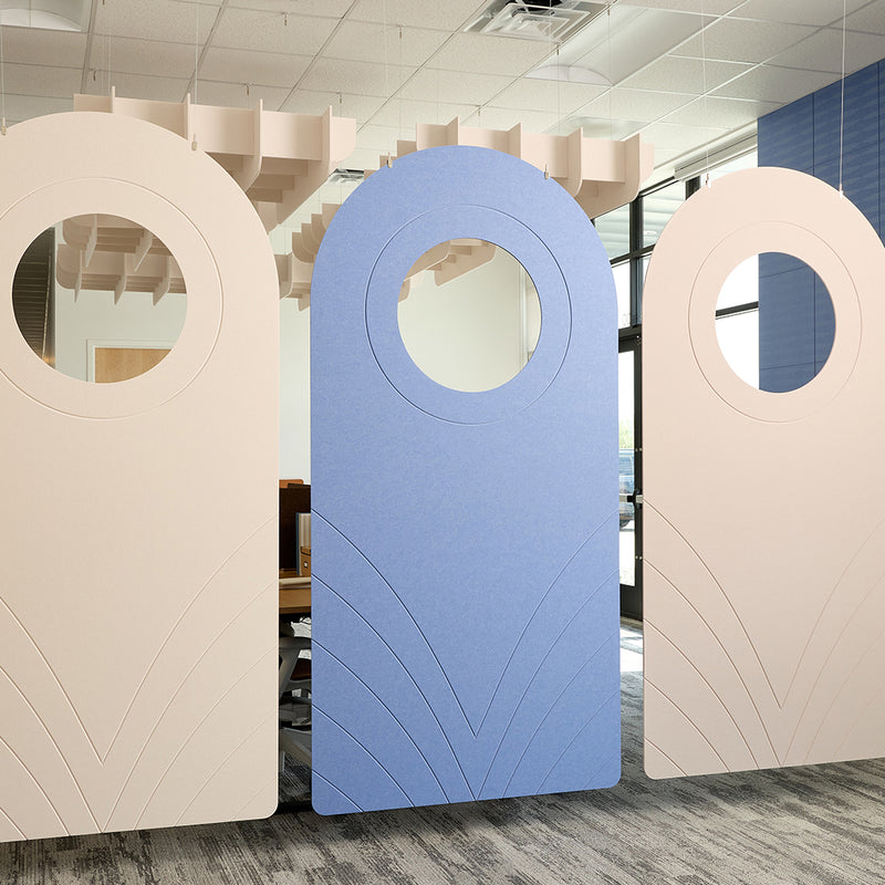 Two cream and two blue modern hanging office partitions inside a modern office