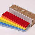 Primary color palette of felt samples with cardboard box
