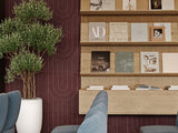 Shelving unit with books and decorative items against a wall with abstract patterns. Featuring dark red engraved panels in a Zen Pattern