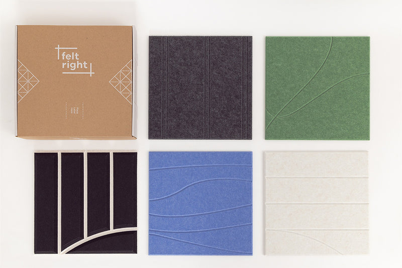 Set of five felt engraved samples in different colors on a white background