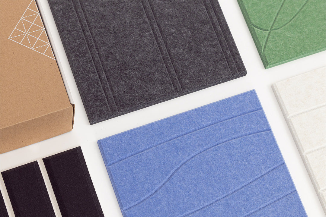 Set of five felt engraved samples in different colors on a white background
