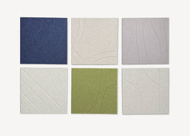 Six square tiles in different colors and patterns on a white background