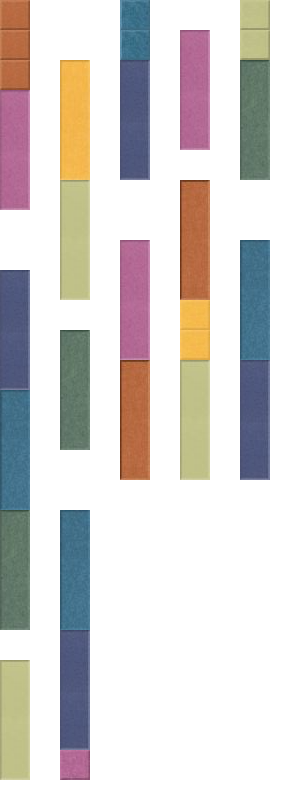 Entry table surface with stacked rectangular blocks in rainbow colors including pink, yellow, navy, teal, rust, and sage gree