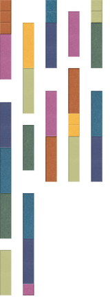 Entry table surface with stacked rectangular blocks in rainbow colors including pink, yellow, navy, teal, rust, and sage gree