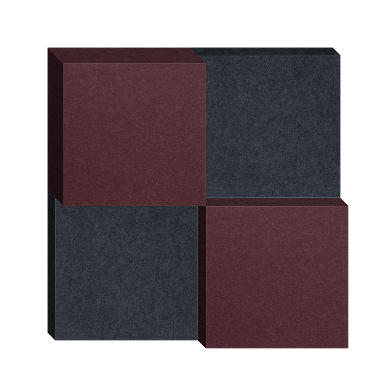 Four textured panels in burgundy and charcoal arranged in a geometric block pattern.
