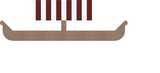 Stylized Viking ship with brown hull and striped red and white sail against white background.