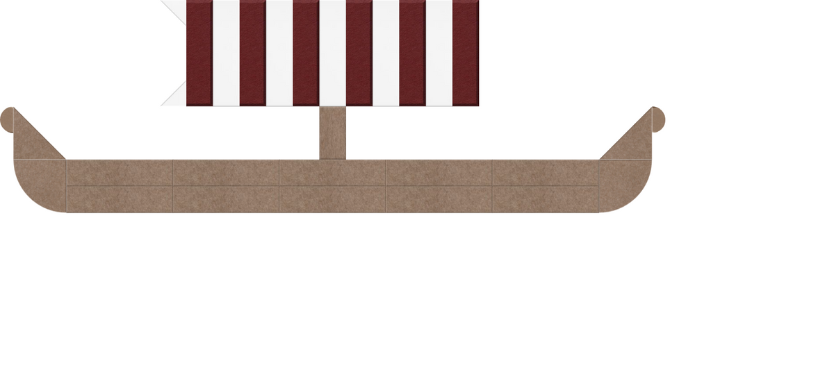 Stylized Viking ship with brown hull and striped red and white sail against white background.