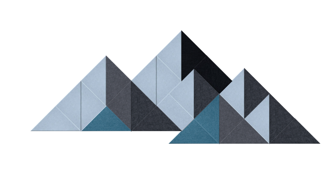 Two sets of overlapping geometric triangles in light blue, dark gray, charcoal, and teal on white background.