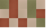 Abstract tile pattern with green, rust, and cream colored blocks featuring geometric line and arc designs.