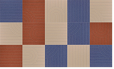 Geometric patchwork pattern with horizontal lines and rounded arch shapes in blue, terracotta, and beige blocks.