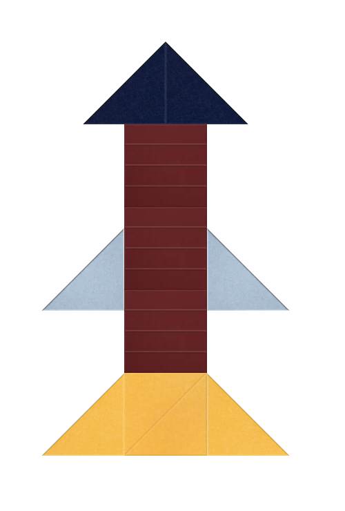 Geometric rocket design with dark blue pointed nose cone, burgundy body, blue-gray fins, and yellow flame base.