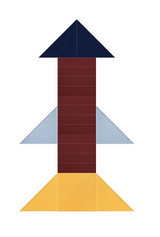 Geometric rocket design with dark blue pointed nose cone, burgundy body, blue-gray fins, and yellow flame base.