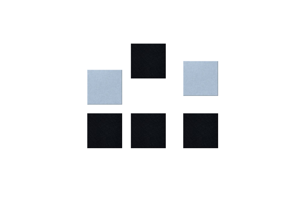 Arrangement of five black squares and two light blue squares on white background.