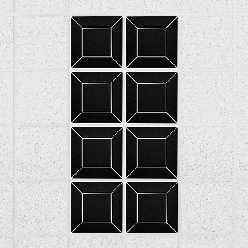 Facet felt drop ceiling tiles in Ebony with a beveled frame pattern, set of 8 in a 2 x 4 layout