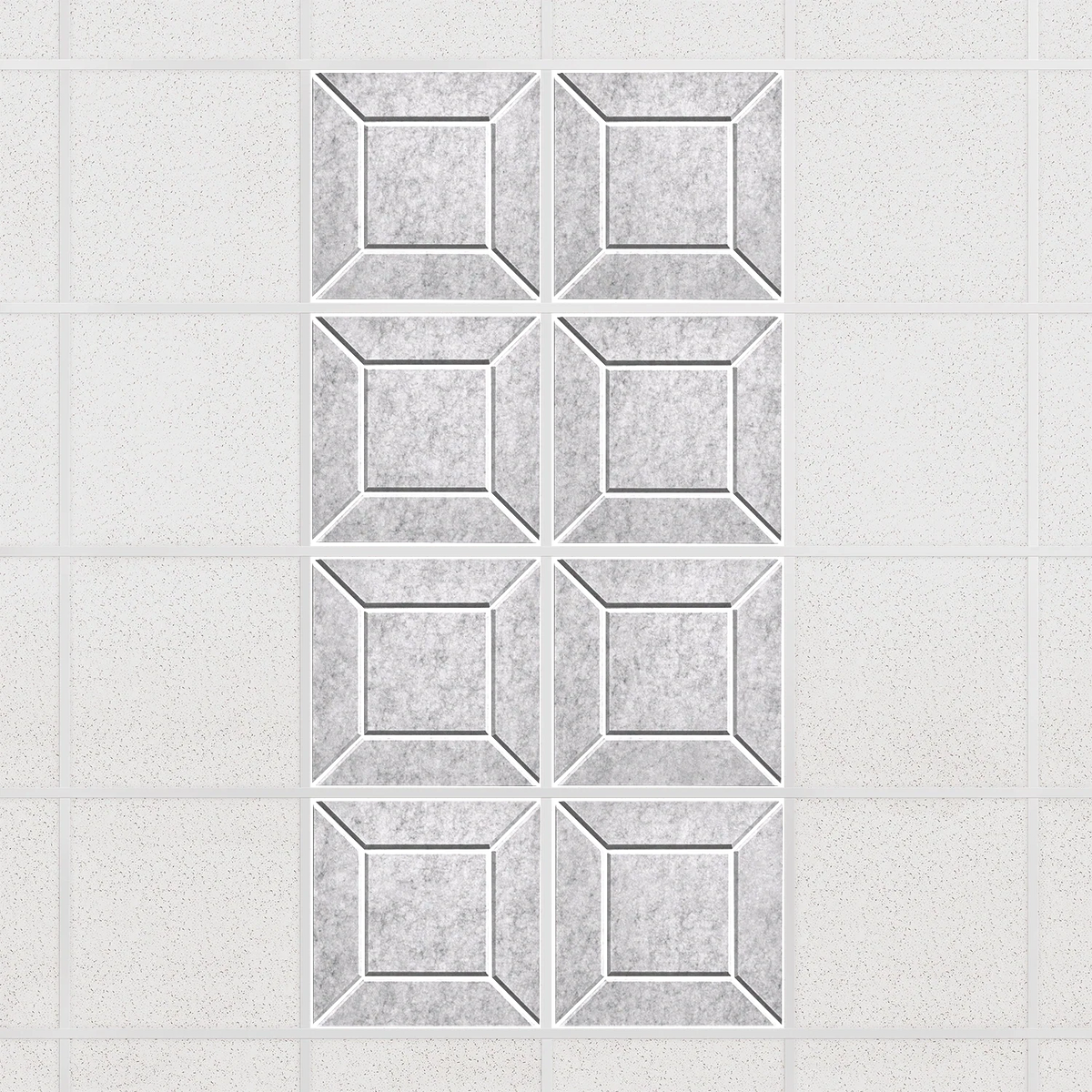 Facet felt drop ceiling tiles in Nickel with a beveled frame pattern, set of 8 in a 2 x 4 layout