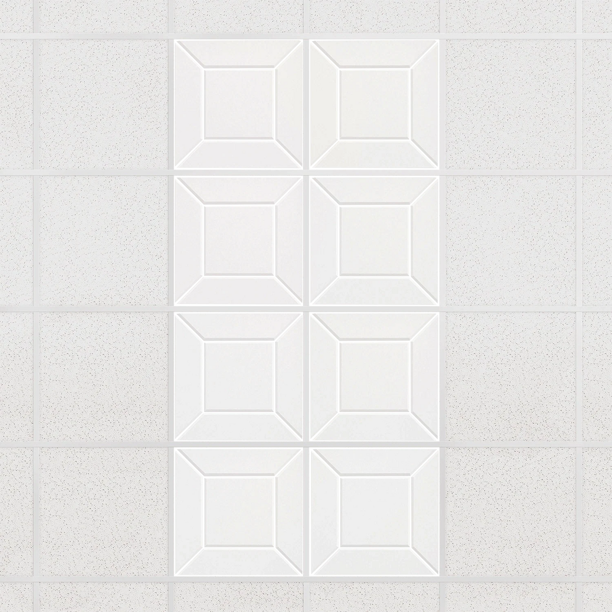 Facet felt drop ceiling tiles in Zinc with a beveled frame pattern, set of 8 in a 2 x 4 layout