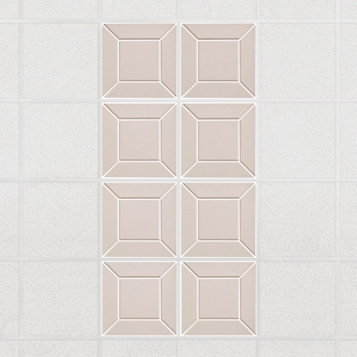 Facet felt drop ceiling tiles in Ivory with a beveled frame pattern, set of 8 in a 2 x 4 layout