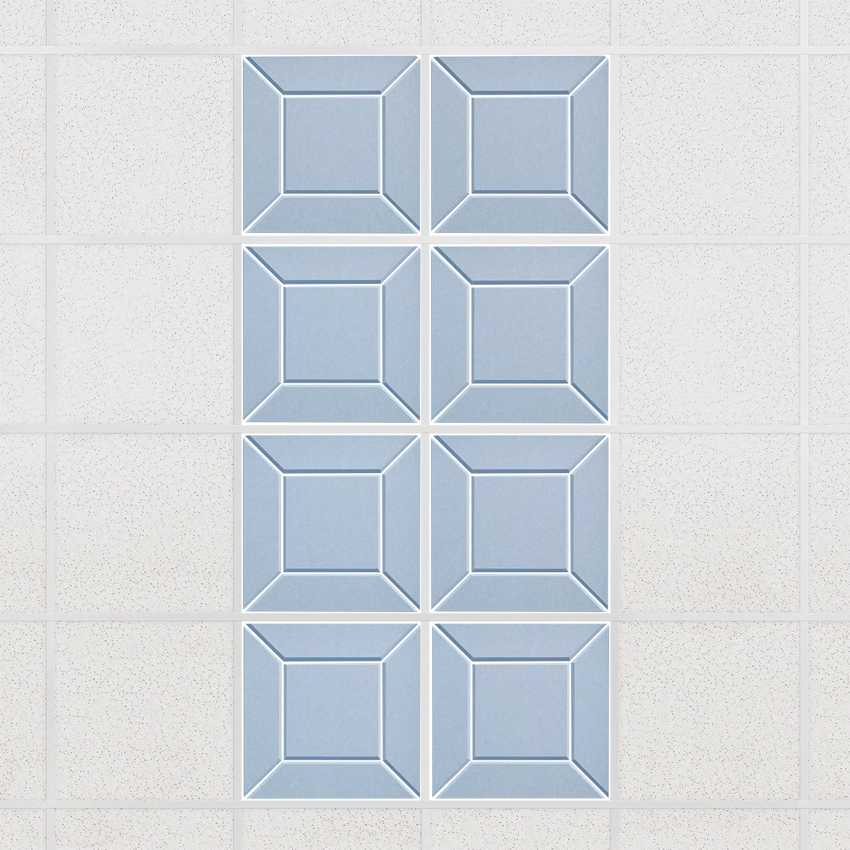 Facet felt drop ceiling tiles in Powder Blue with a beveled frame pattern, set of 8 in a 2 x 4 layout