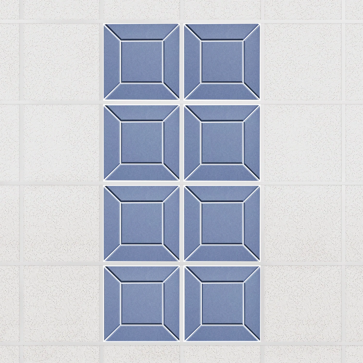 Facet felt drop ceiling tiles in Periwinkle with a beveled frame pattern, set of 8 in a 2 x 4 layout