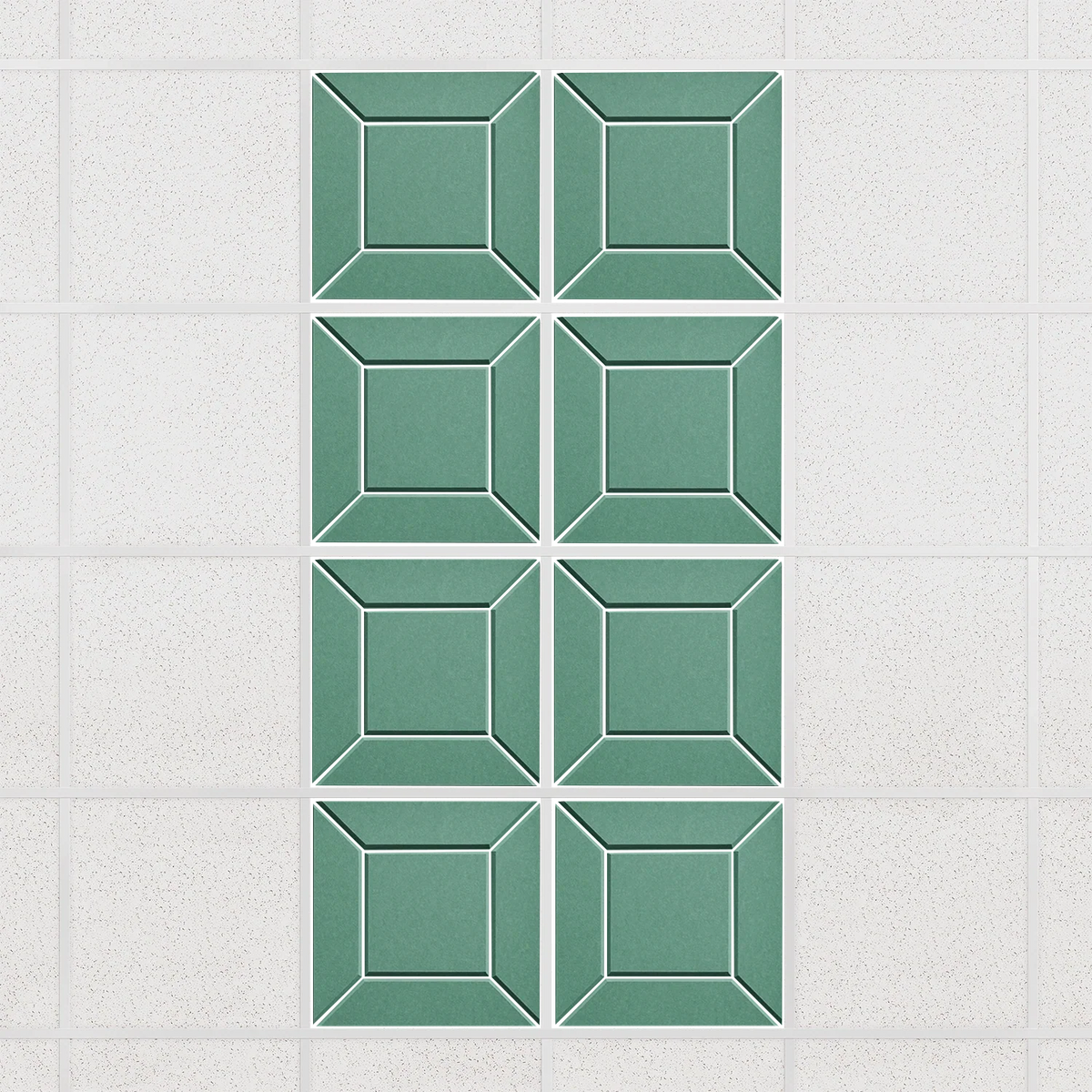 Facet felt drop ceiling tiles in Mint with a beveled frame pattern, set of 8 in a 2 x 4 layout