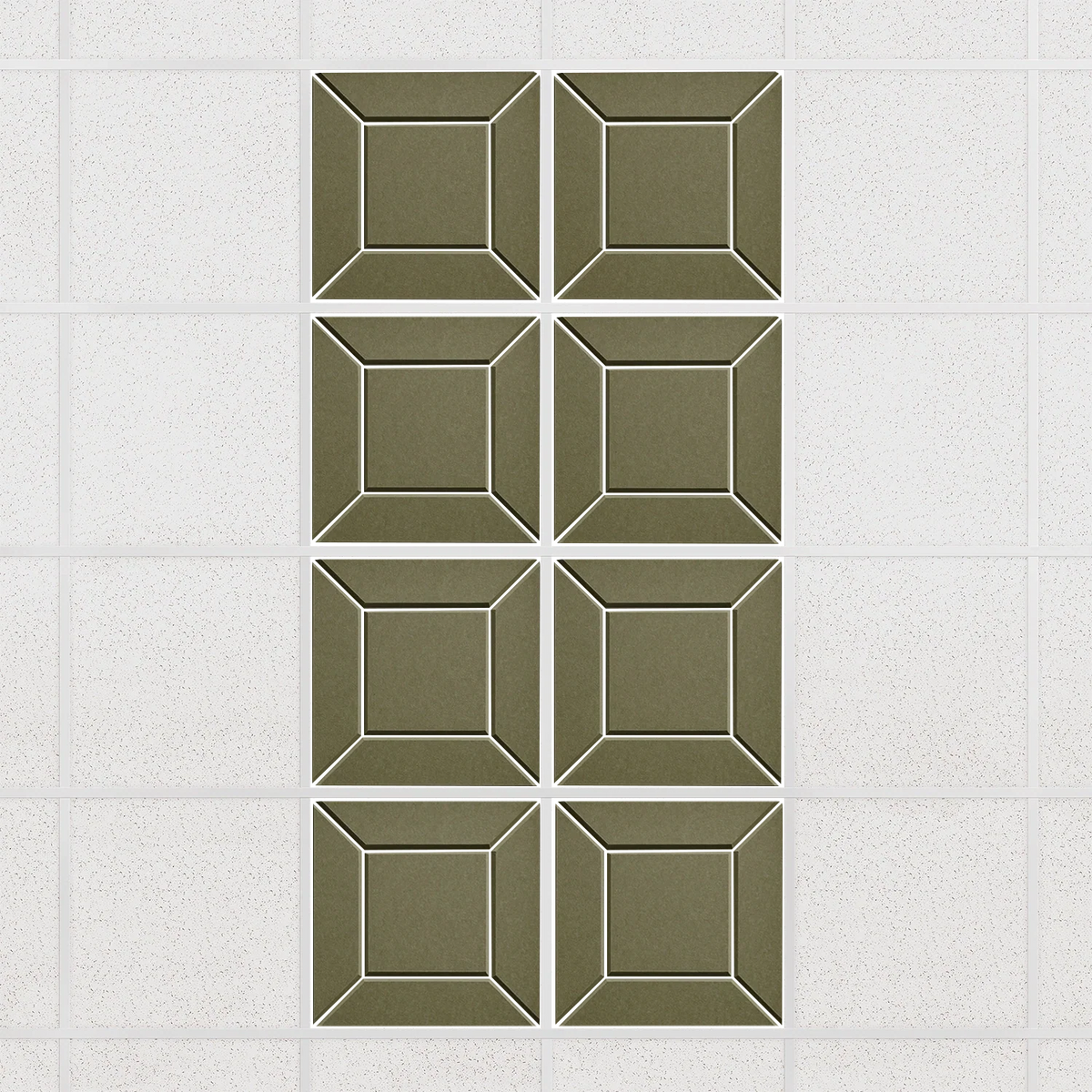 Facet felt drop ceiling tiles in Olive with a beveled frame pattern, set of 8 in a 2 x 4 layout