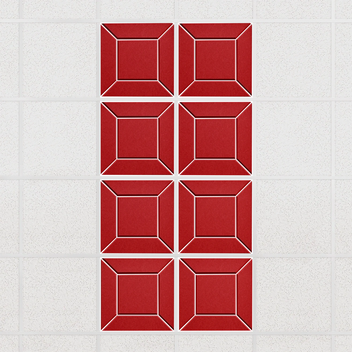 Facet felt drop ceiling tiles in Scarlet with a beveled frame pattern, set of 8 in a 2 x 4 layout